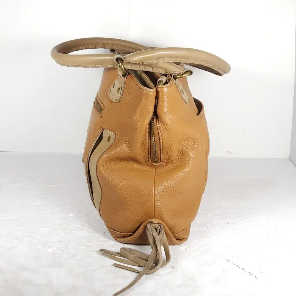 Muxo By Camila Alves Brown Leather Fringe Logo Handbag Purse Bag